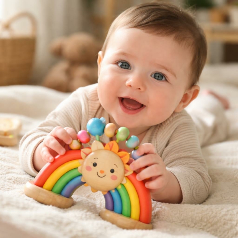 Hochet Soleil Arc‑en‑Ciel — Jouet d’éveil coloré et sûr pour bébé